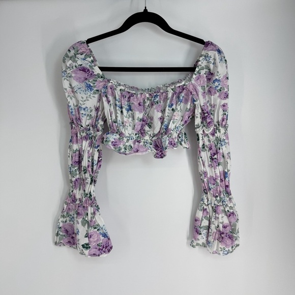 Rays for Days Floral square Neck Off Shoulder Long Sleeve Crop Top - Picture 2 of 4